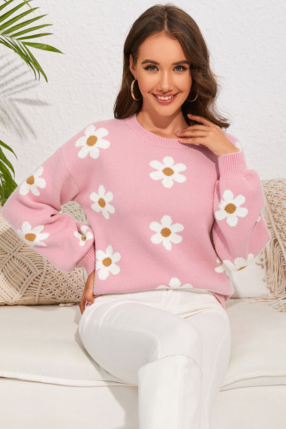 Flower Round Neck Dropped Shoulder Sweater-Angel Casuals