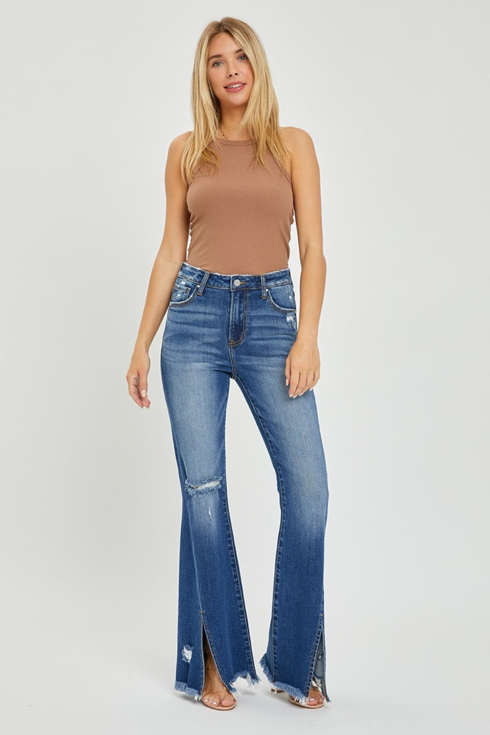 RISEN Full Size High Rise Front Slit Frayed Hem Flare Jeans-Angel Casuals