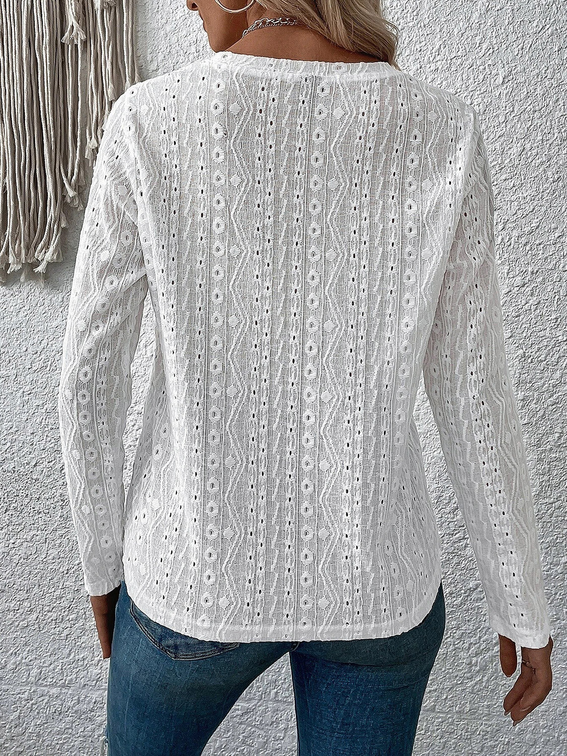 Eyelet Round Neck Long Sleeve Top-Angel Casuals