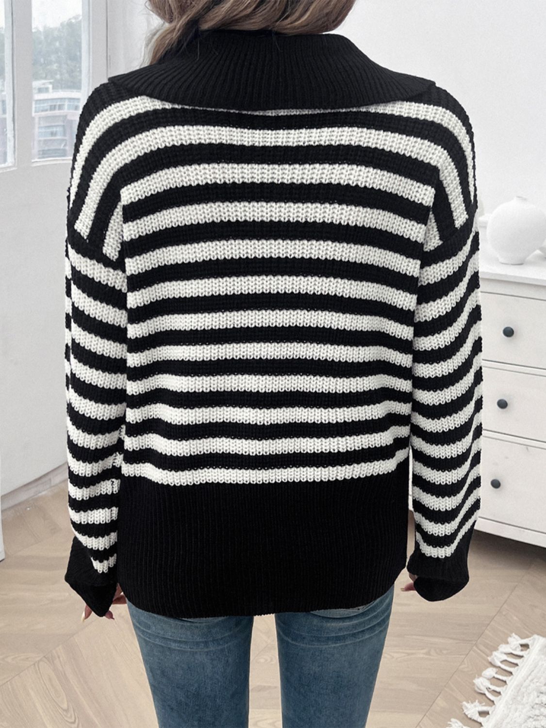 Devine Striped Collared Neck Long Sleeve Sweater-Angel Casuals