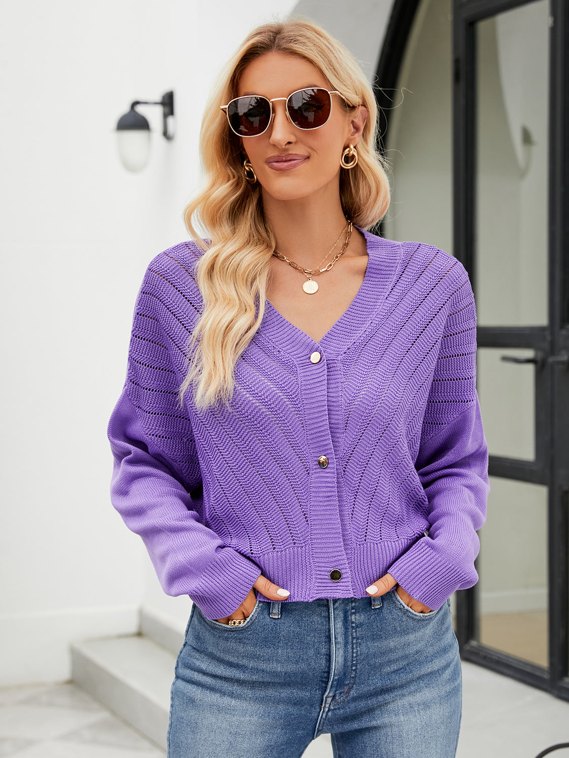 Eyelet Button Front Long Sleeve Cardigan-Angel Casuals