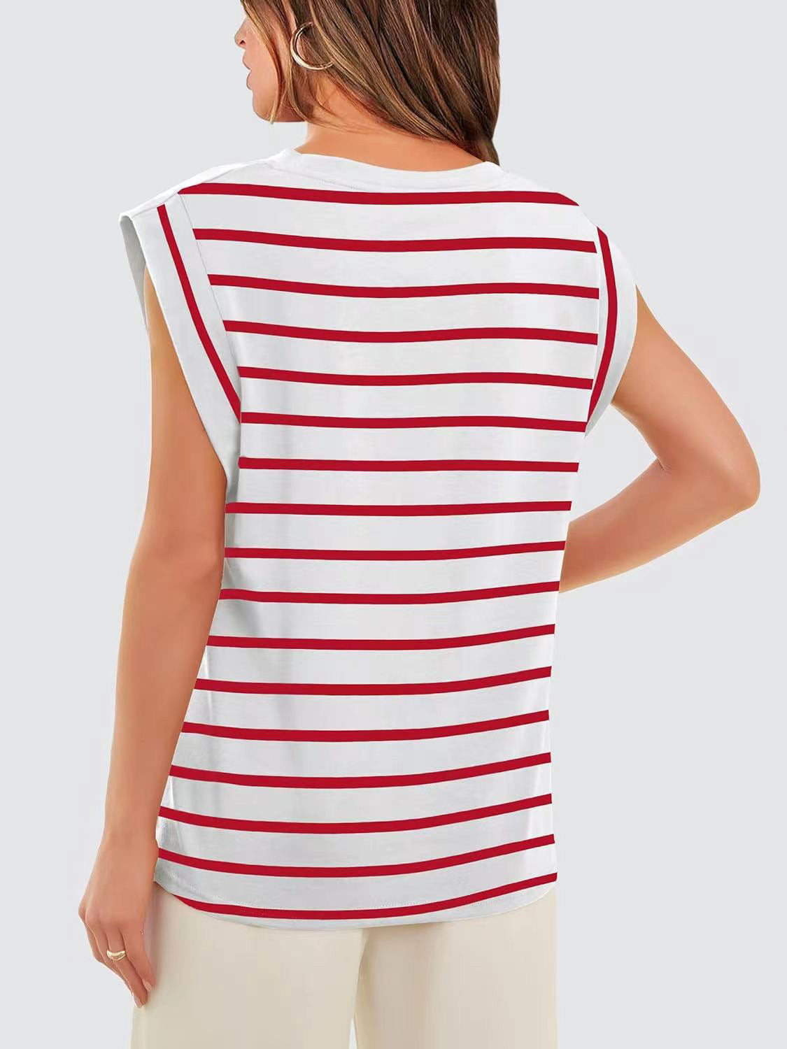 Striped Round Neck Cap Sleeve T-Shirt-Angel Casuals