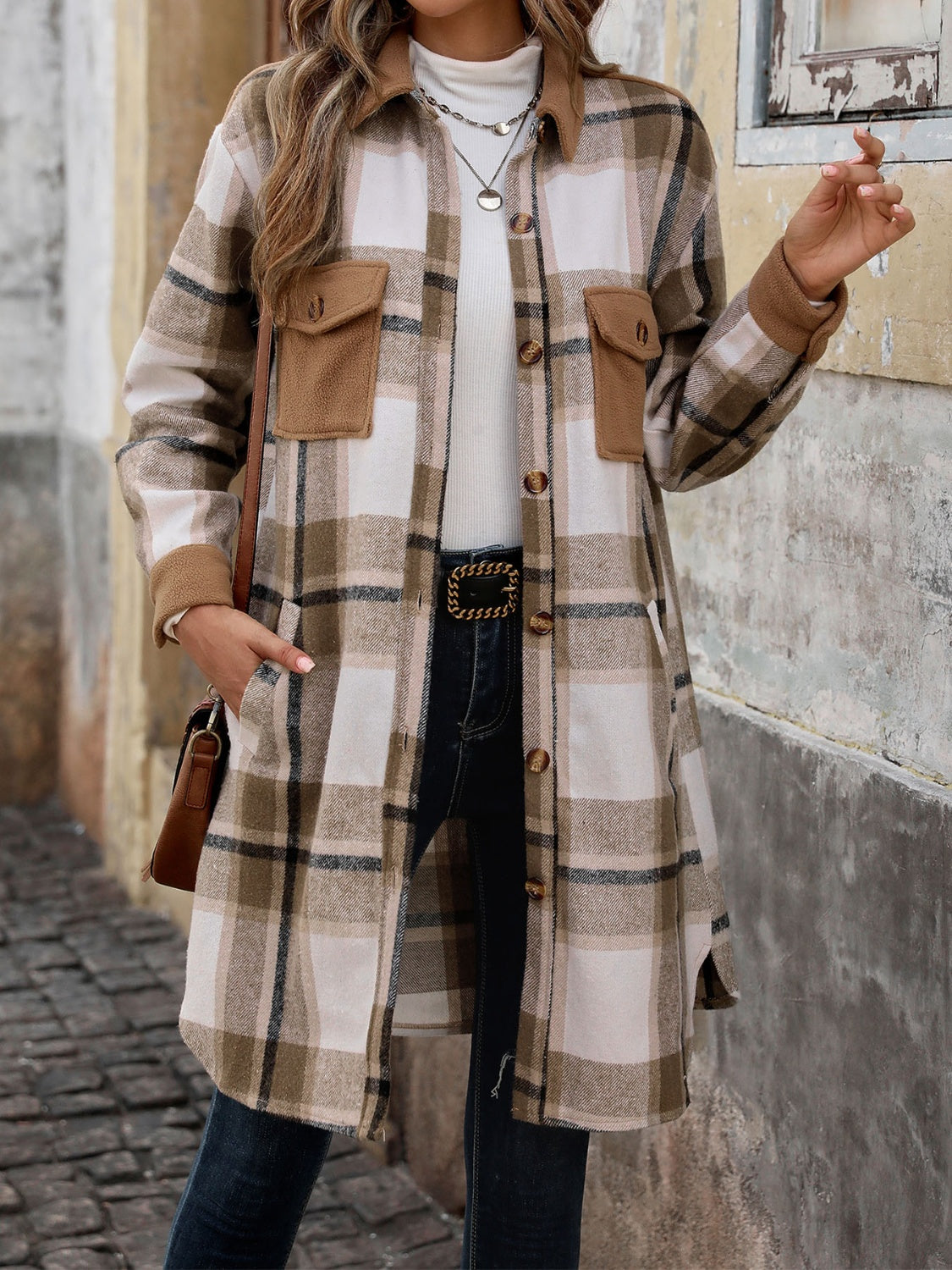 Perfee Plaid Button Up Long Sleeve Coat-Angel Casuals