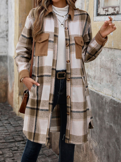 Perfee Plaid Button Up Long Sleeve Coat-Angel Casuals