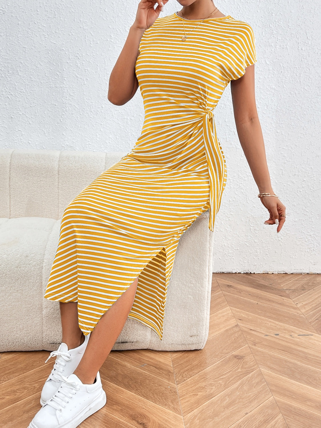 Tied Striped Round Neck Short Sleeve Tee Dress-Angel Casuals