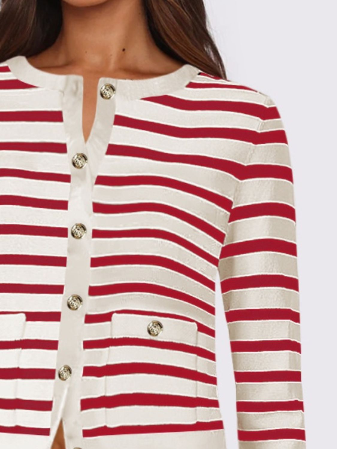 Striped Round Neck Button Up Long Sleeve Cardigan-Angel Casuals