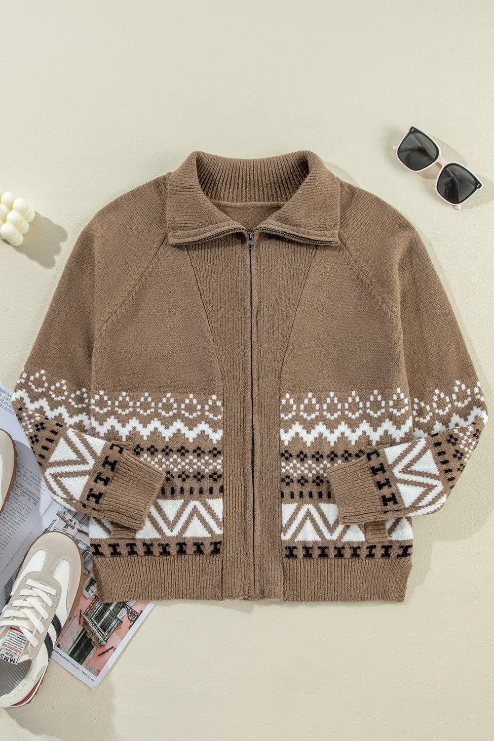 Zip Up Long Sleeve Geometric Cardigan-Angel Casuals