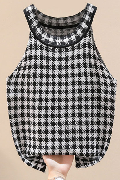 Plaid Round Neck Sleeveless Knit Top-Angel Casuals