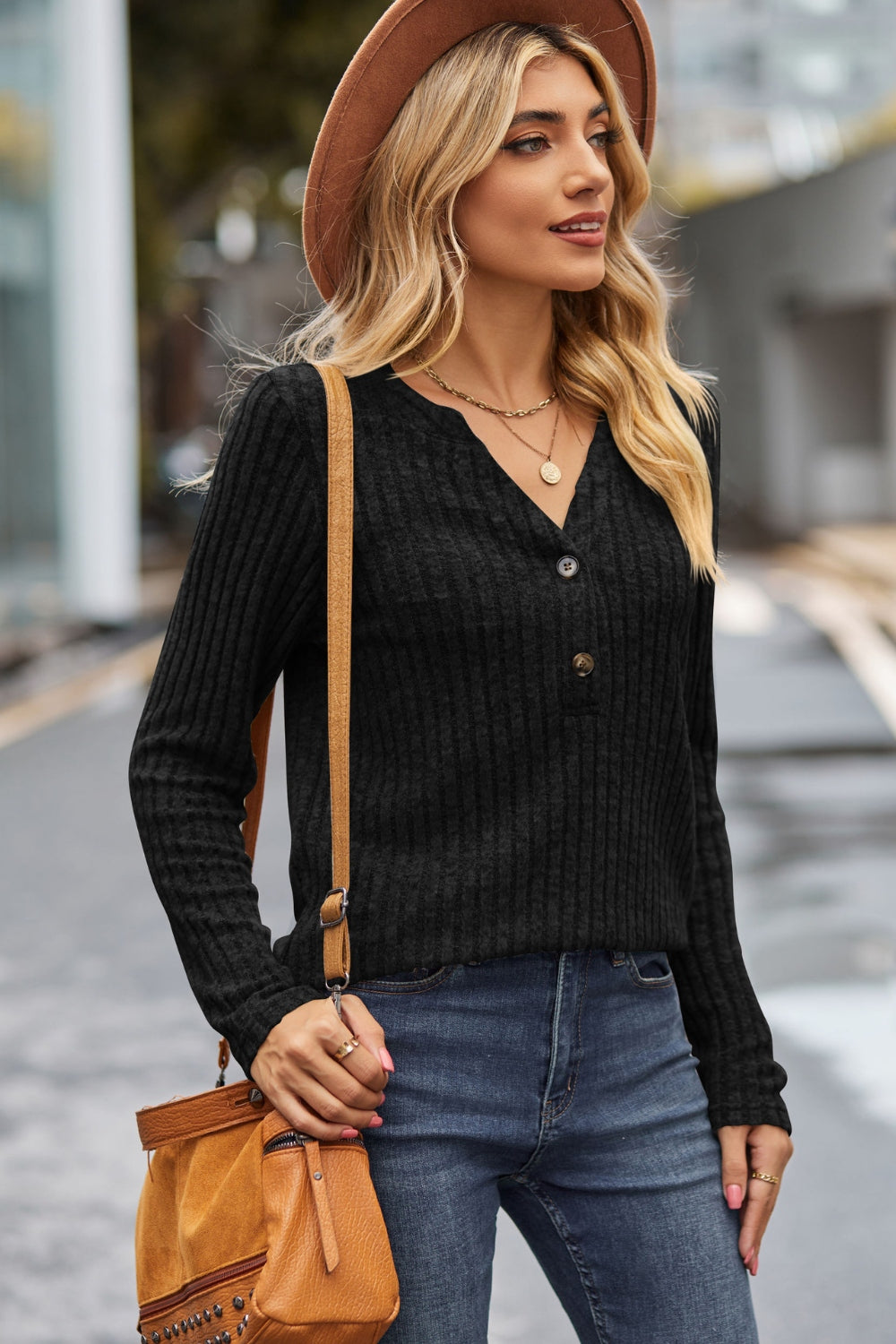 Lovelet Ribbed Half Button Long Sleeve Knit Top-Angel Casuals