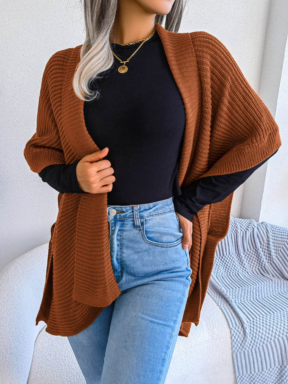 Horizontal Ribbing Open Front Slit Cardigan-Angel Casuals