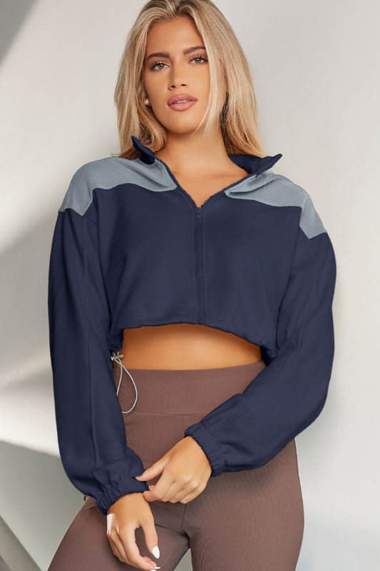 Contrast Drawstring Zip Up Jacket-Angel Casuals