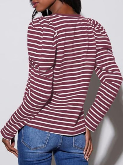 Striped Round Neck Long Sleeve T-Shirt-Angel Casuals