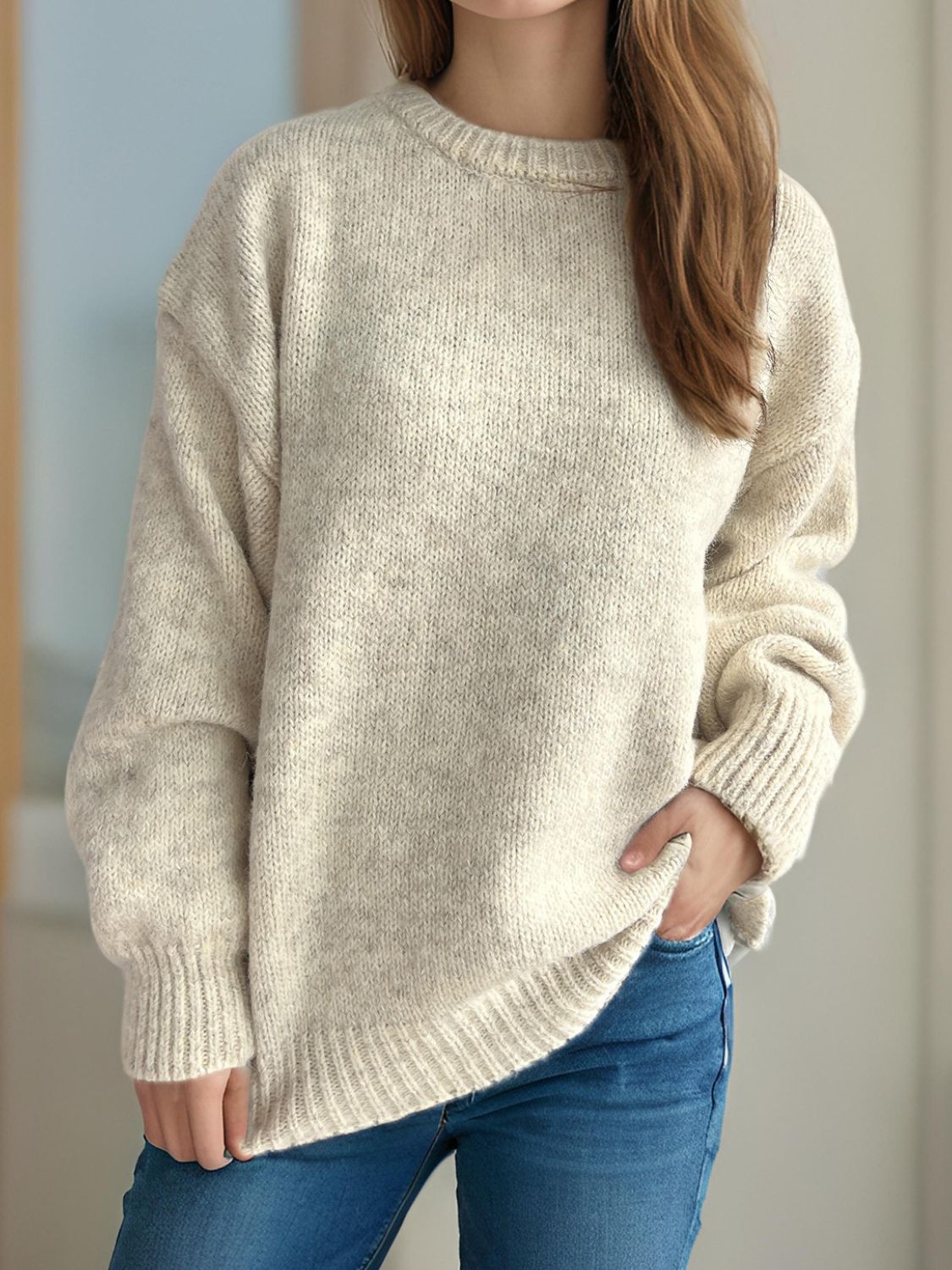 Round Neck Long Sleeve Sweater-Angel Casuals