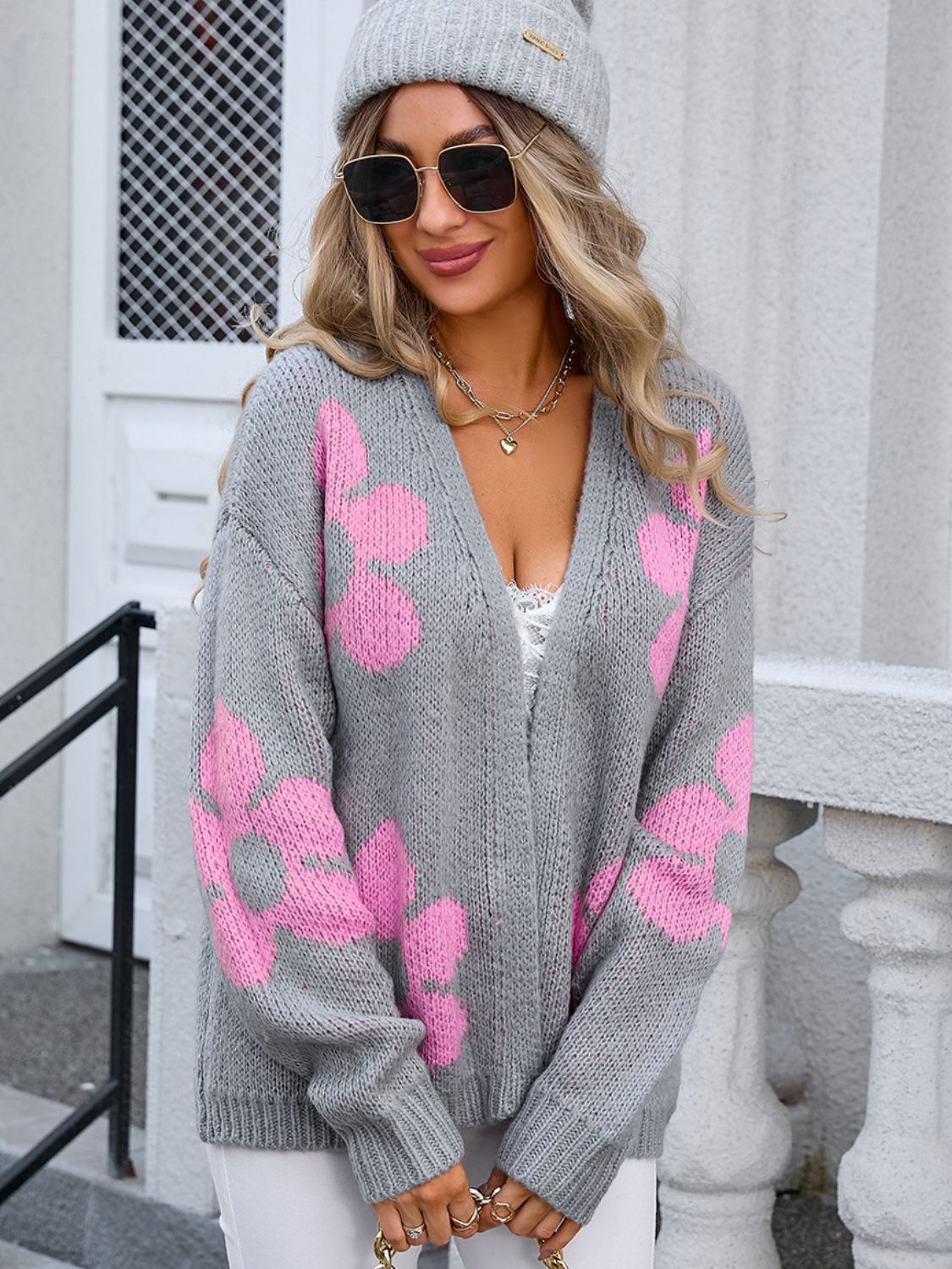 Angel Wings Flower Open Front Long Sleeve Cardigan-Angel Casuals