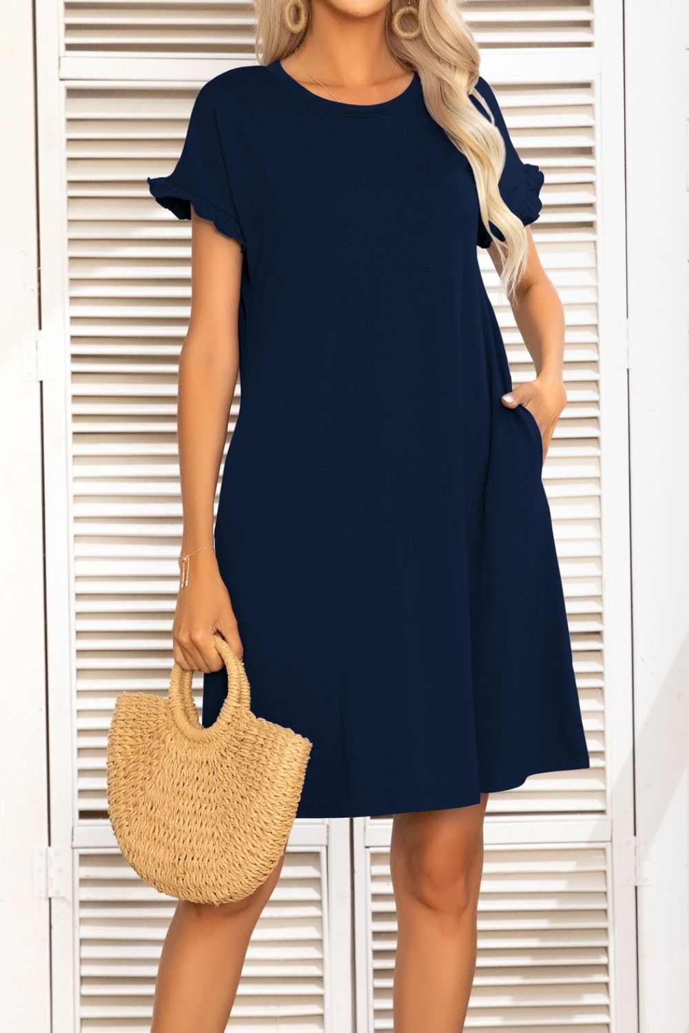 Flounce Sleeve Round Neck Dress with Pockets-Angel Casuals