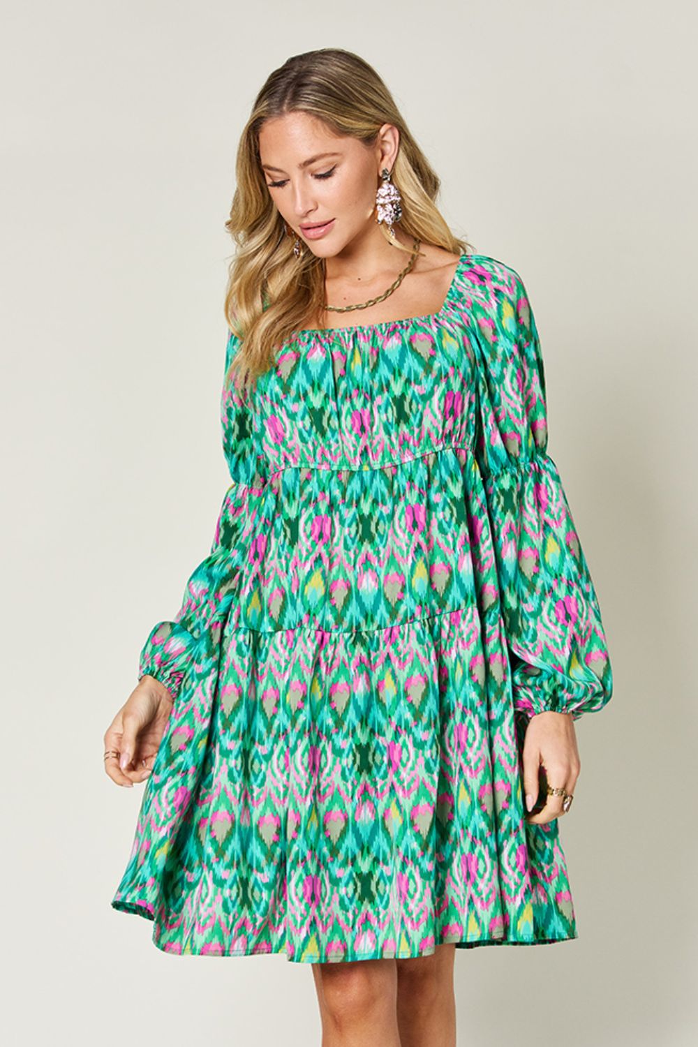 Double Take Full Size Printed Long Sleeve Dress-Angel Casuals