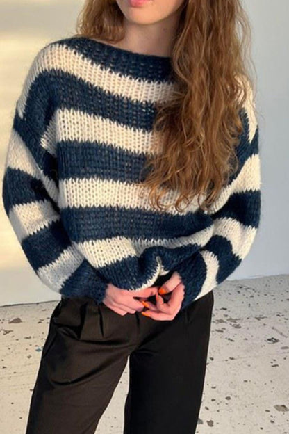 Contrast Striped Boat Neck Long Sleeve Sweater-Angel Casuals