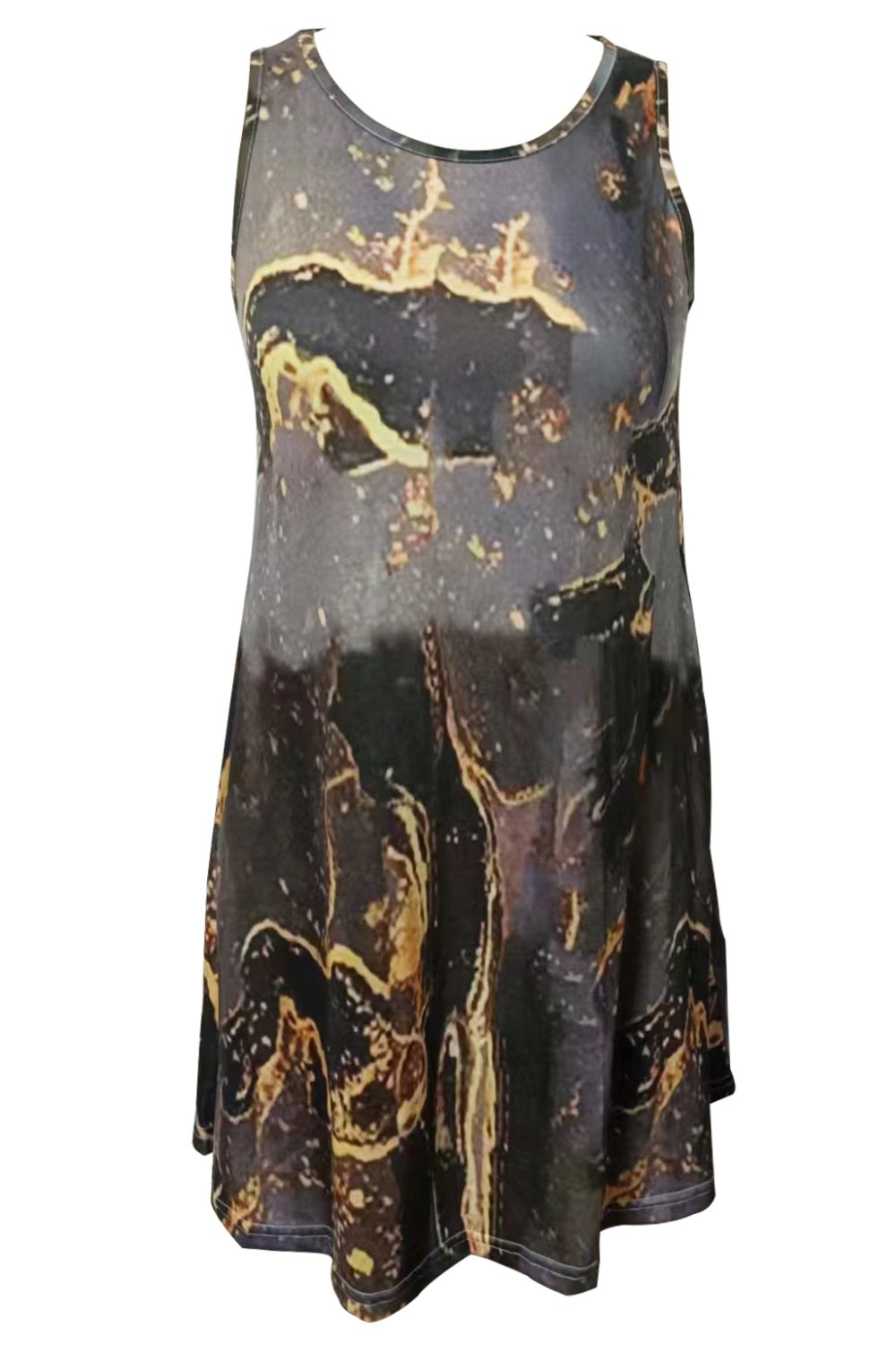 Abstract Print Round Neck Sleeveless Dress with Pockets-Angel Casuals