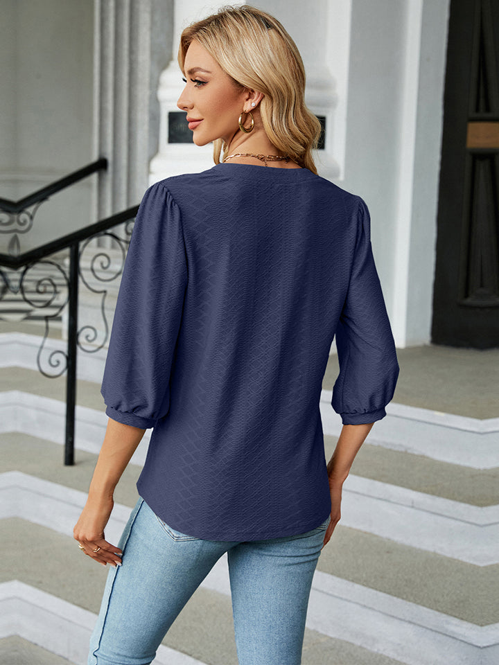 Notched Neck Three-Quarter Sleeve Blouse-Angel Casuals