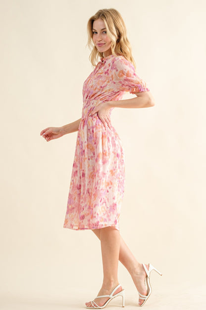 And The Why Full Size Smocked Waist Printed Midi Dress-Angel Casuals