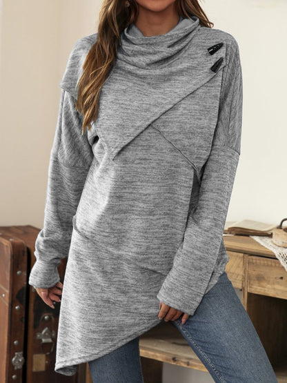Asymmetrical Hem Cowl Neck Long Sleeve T-Shirt-Angel Casuals