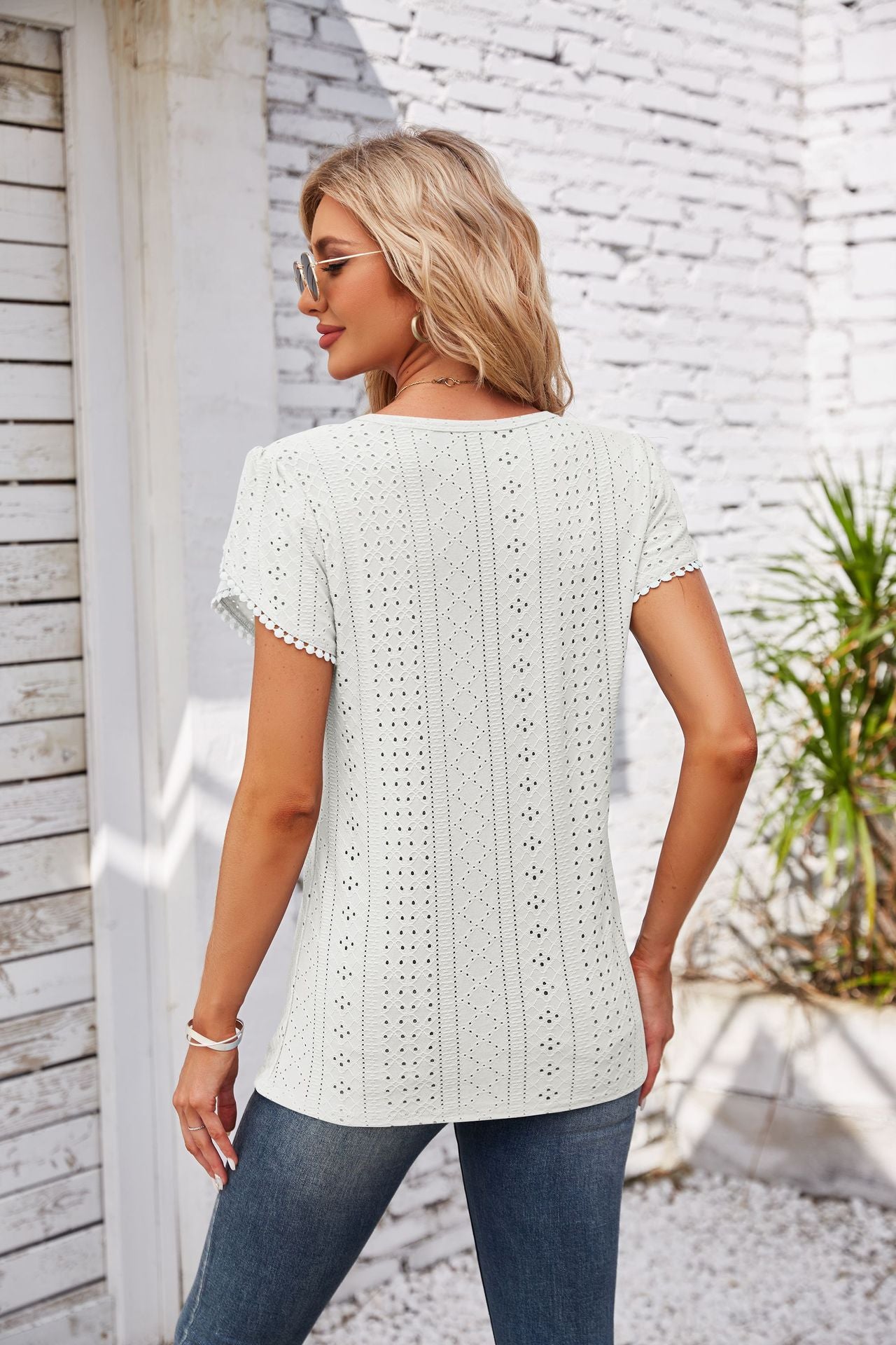 Eyelet Round Neck Petal Sleeve T-Shirt-Angel Casuals