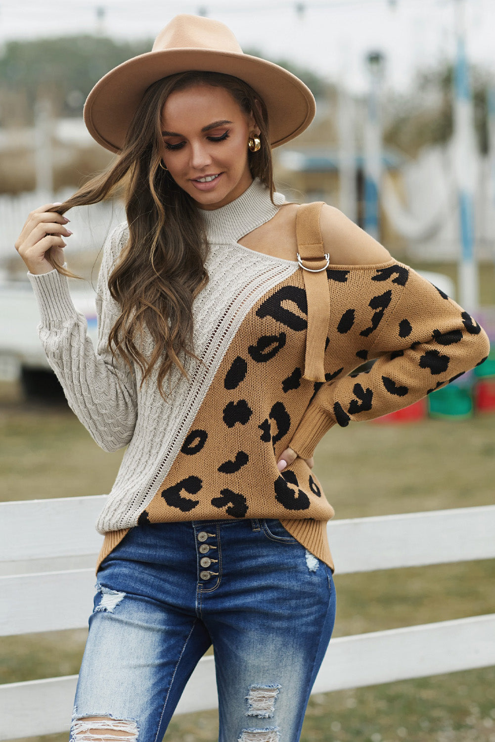 Leopard Block Turtleneck Sweater-Angel Casuals