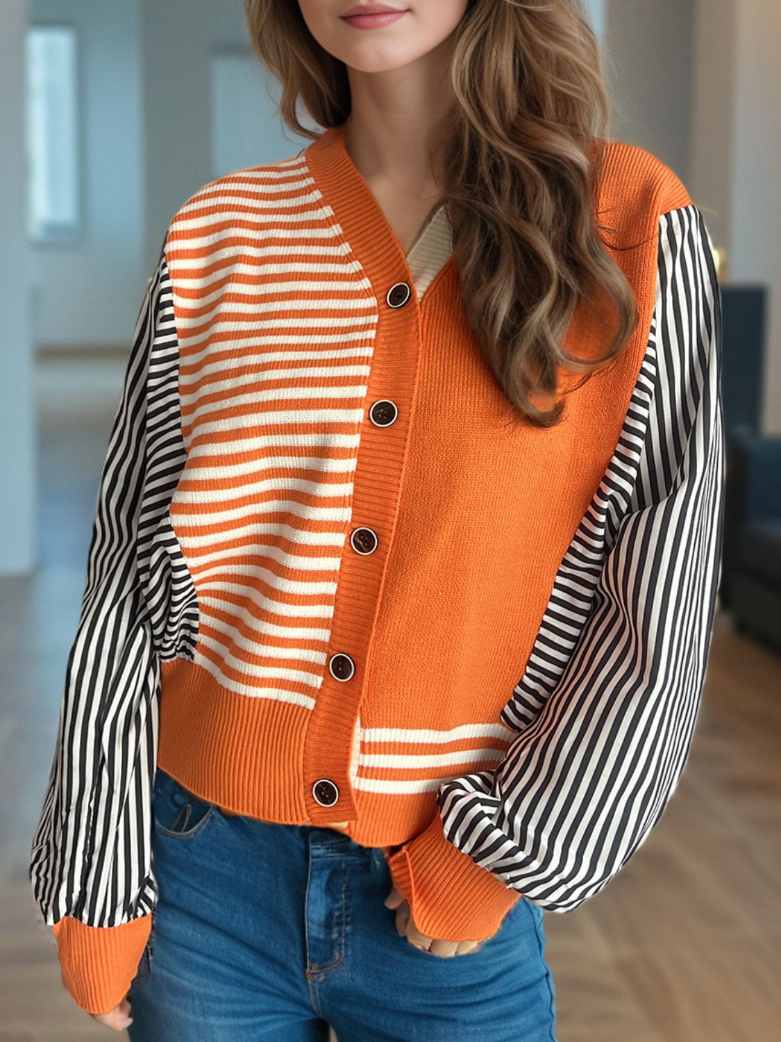 Striped Button Down Long Sleeve Cardigan-Angel Casuals