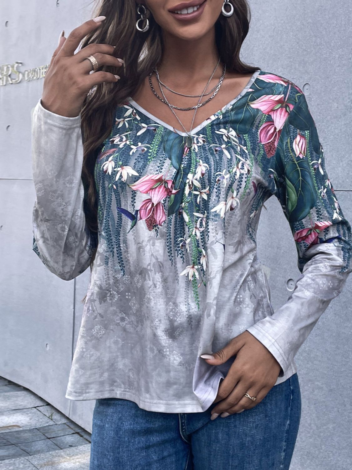 Floral V-Neck Long Sleeve Tee-Angel Casuals