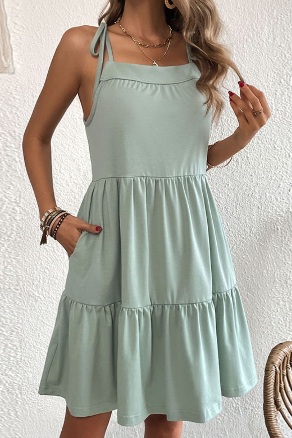 Tie-Shoulder Tiered Dress with Pockets-Angel Casuals