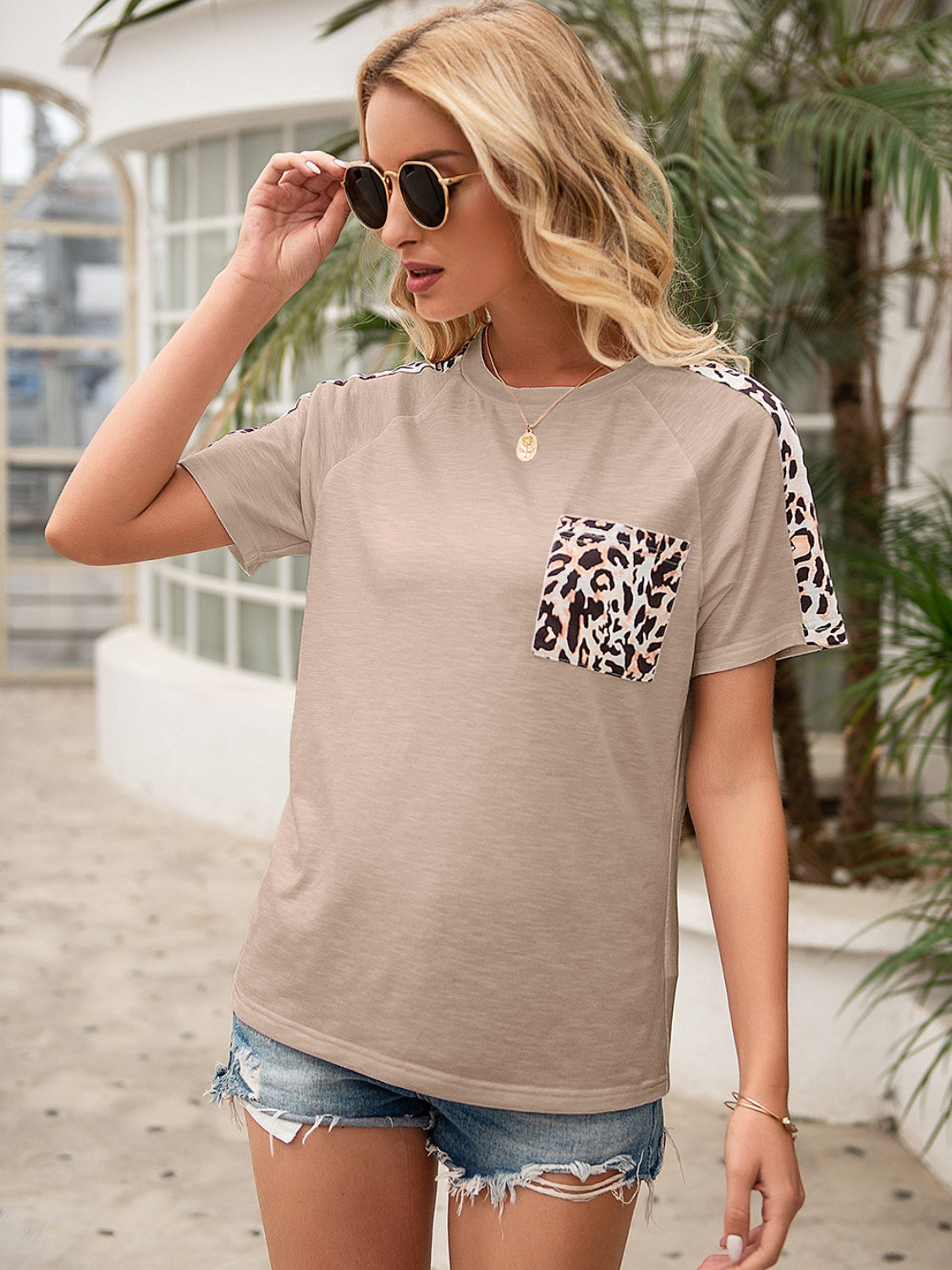 Pocketed Leopard Round Neck Short Sleeve T-Shirt-Angel Casuals