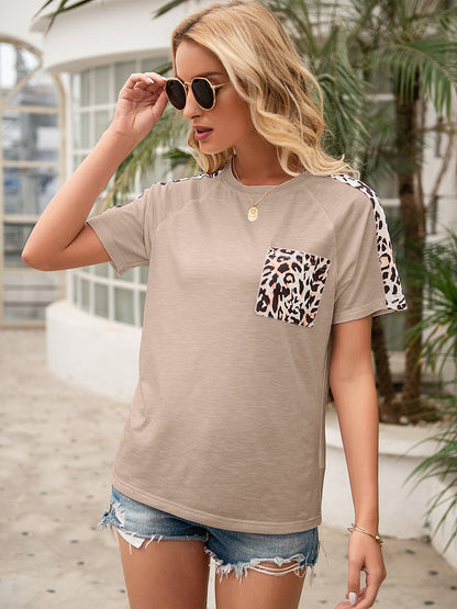 Pocketed Leopard Round Neck Short Sleeve T-Shirt-Angel Casuals