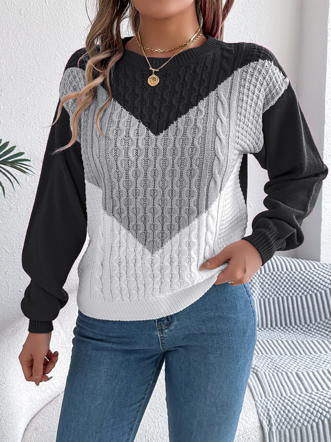 Contrast Round Neck Long Sleeve Sweater-Angel Casuals