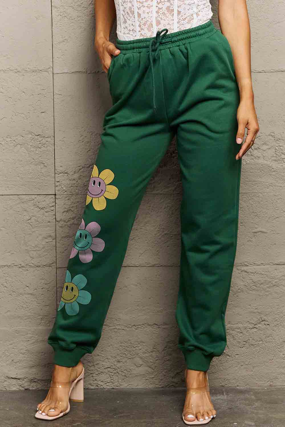 Simply Love Simply Love Full Size Drawstring Flower Graphic Long Sweatpants-Angel Casuals