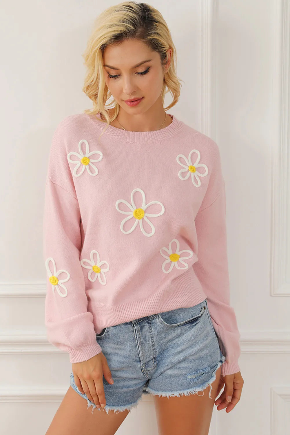 Flower Round Neck Dropped Shoulder Sweater-Angel Casuals