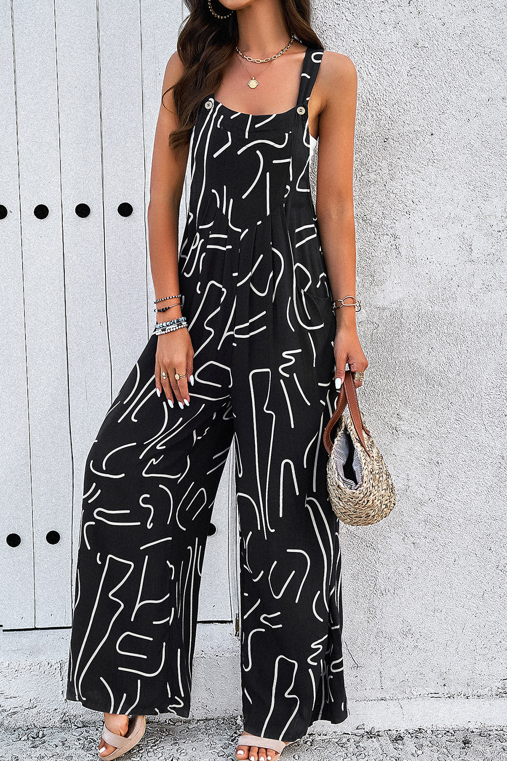 Printed Wide Strap Jumpsuit with Pockets-Angel Casuals