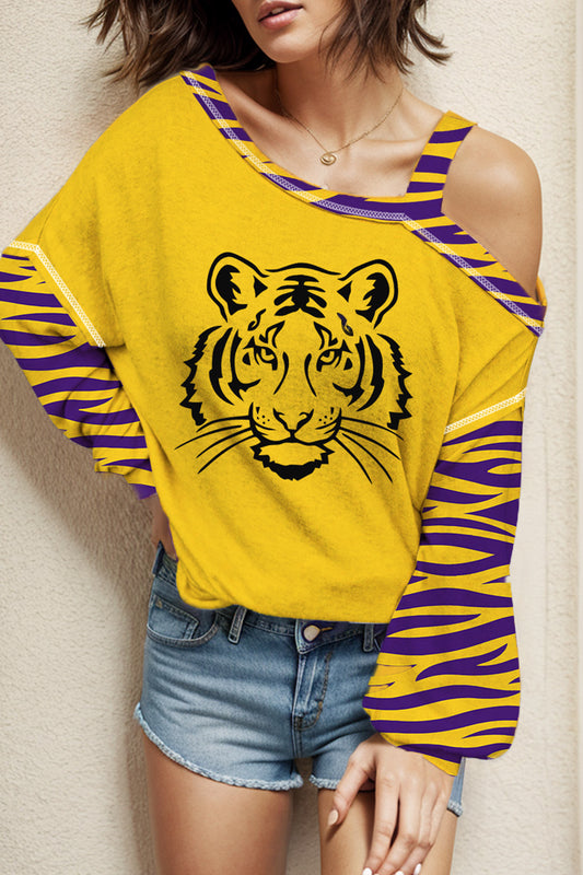 Tiger Graphic Asymmetrical Neck Long Sleeve T-Shirt-Angel Casuals