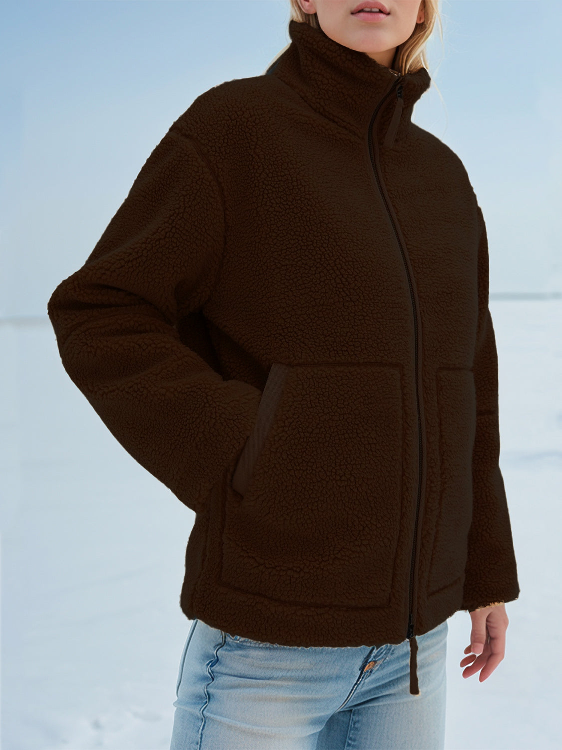 Turtleneck Zip Up Long Sleeve Plush Jacket-Angel Casuals