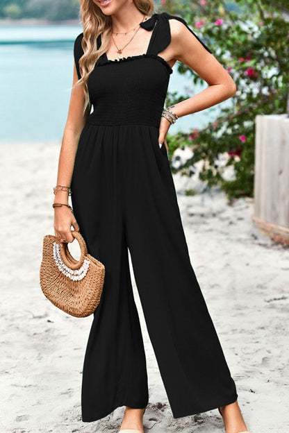 Frill Trim Tie Shoulder Wide Leg Jumpsuit with Pockets-Angel Casuals