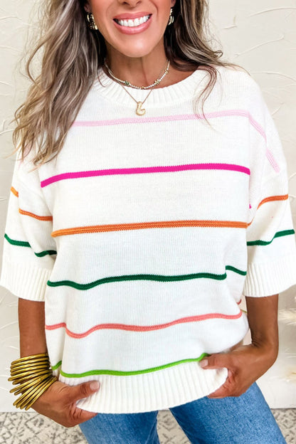 Striped Half Sleeve Drop Shoulder Sweater-Angel Casuals