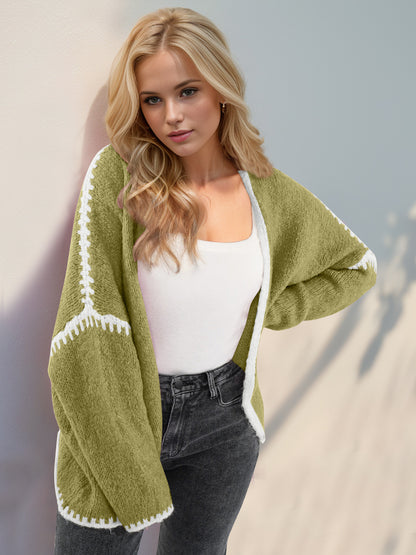 Double Take Contrast Open Front Dropped Shoulder Cardigan-Angel Casuals