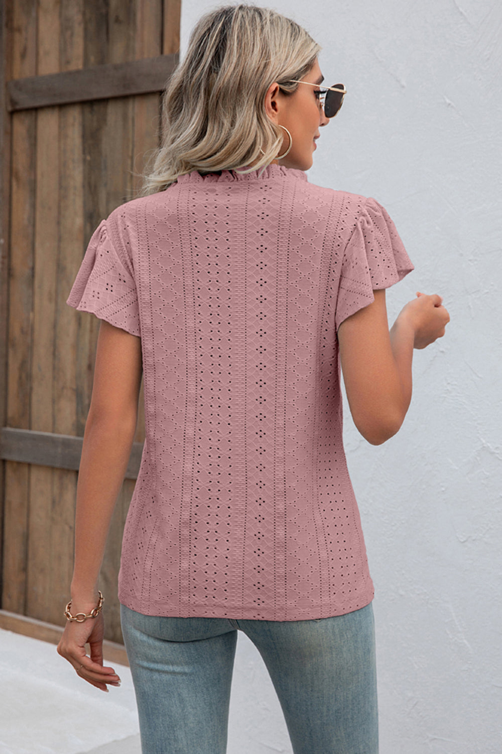 Eyelet Notched Flutter Sleeve T-Shirt-Angel Casuals