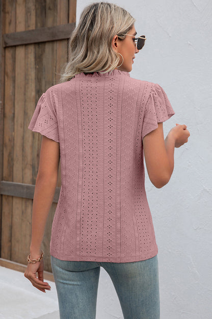 Eyelet Notched Flutter Sleeve T-Shirt-Angel Casuals