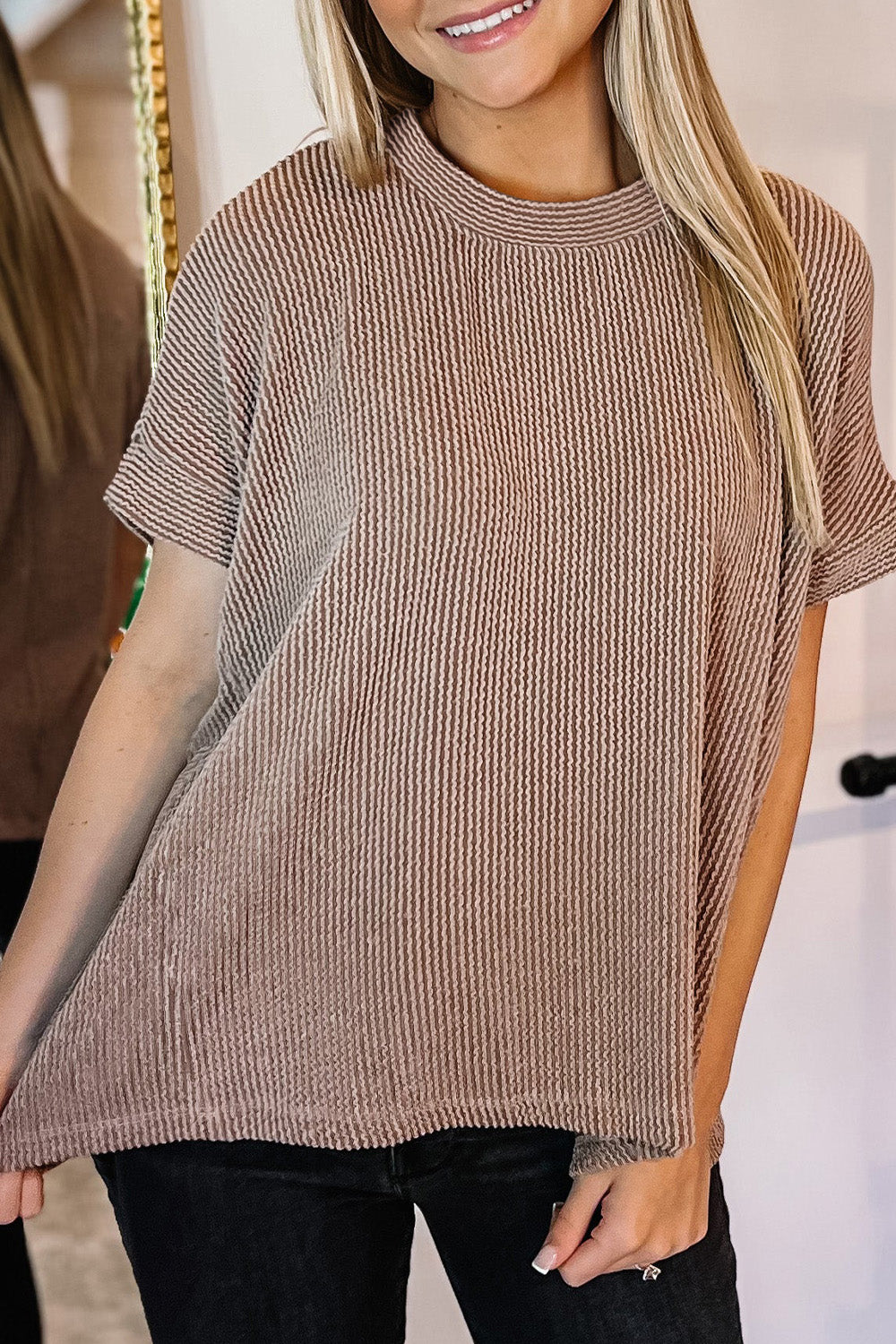 Textured Round Neck Short Sleeve T-Shirt-Angel Casuals