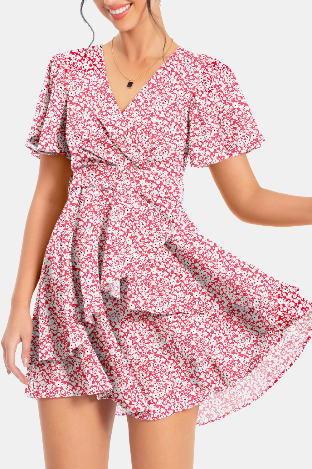 Surplice Neck Flutter Sleeve Dress-Angel Casuals