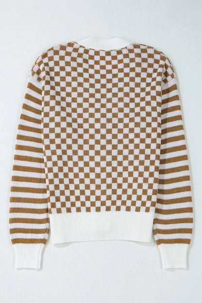 Checkered V-Neck Long Sleeve Cardigan-Angel Casuals