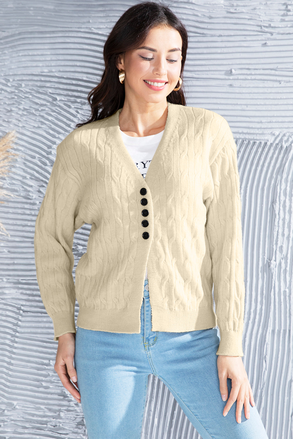Cable-Knit Button Up Dropped Shoulder Cardigan-Angel Casuals