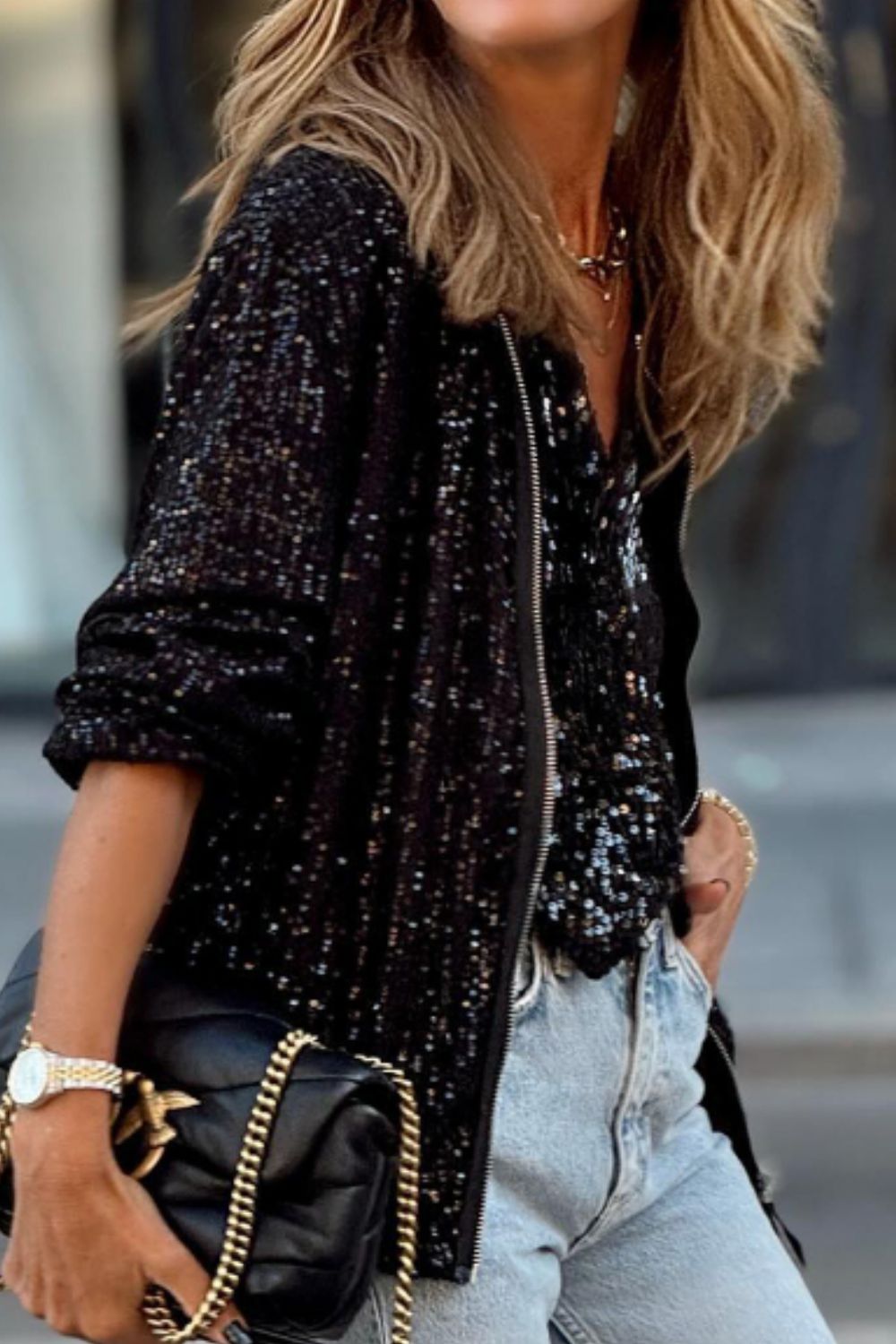 Sequin Zip Up Long Sleeve Jacket-Angel Casuals