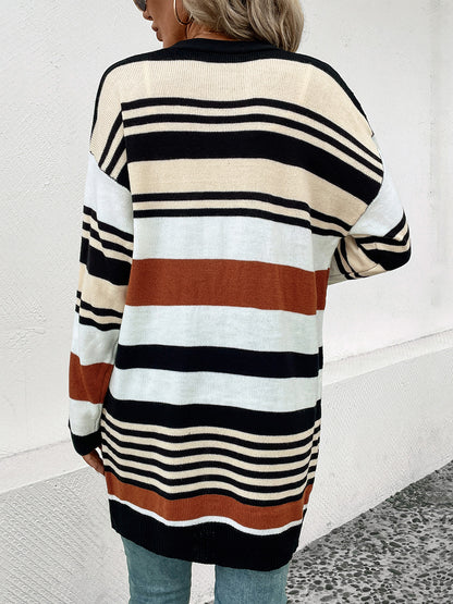 Perfee Striped Open Front Drop Shoulder Cardigan-Angel Casuals