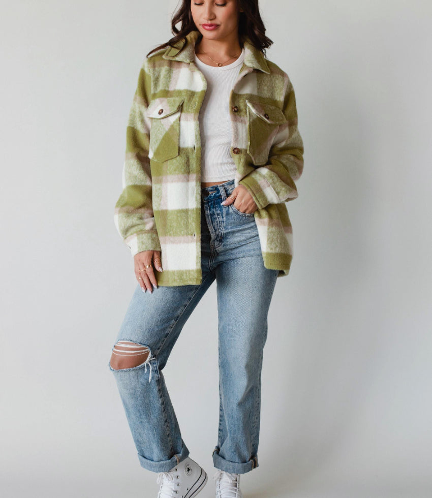 Pocketed Plaid Collared Neck Shacket-Angel Casuals